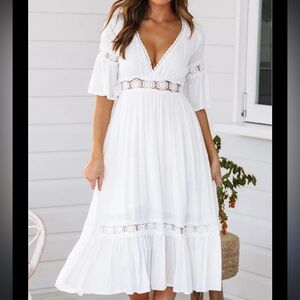 VICI White Crochet Midi Dress